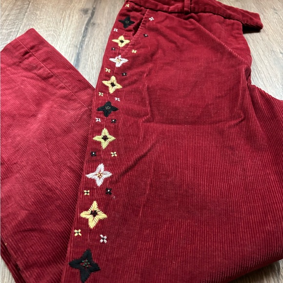 J. McLaughlin Red Maroon Corduroy Pants Star Embroidery Straight Leg Size 4 Boho - Picture 3 of 13
